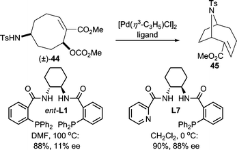 Modified Trost-ligand for improved enantioselection in the intramolecular Pd-catalyzed AAA of rac-44.