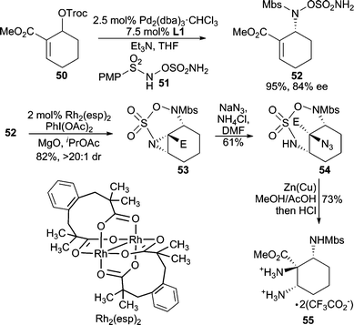 Tandem Pd-catalyzed AAA/Rh-catalyzed aziridination.