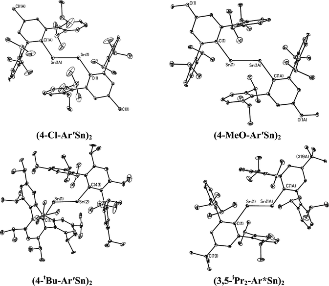 Thermal ellipsoid (30%) drawings of (4-Cl-Ar′Sn)2, (4-MeO-Ar′Sn)2, (4-tBu-Ar′Sn)2 and (3,5-iPr2-Ar*Sn)2. Hydrogen atoms are not shown.