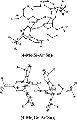 Thermal ellipsoid (30%) drawings of single bonded (4-Me3Si-Ar′Sn)2 and (4-Me3Ge-Ar′Sn)2. Hydrogen atoms are not shown.