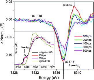 Transient XANES spectra of NiTMP in a mixed solvent (toluene : pyridine = 3 : 1 by volume ratio). The edge feature focused on 1s → 4pz for monitoring the spectral evolution as a function of the pump–probe delay times. Inset shows the XANES spectra measured at 100 ps, 800 ps, and the XANES spectra of pure ligated and unligated NiTMP in the ground state.