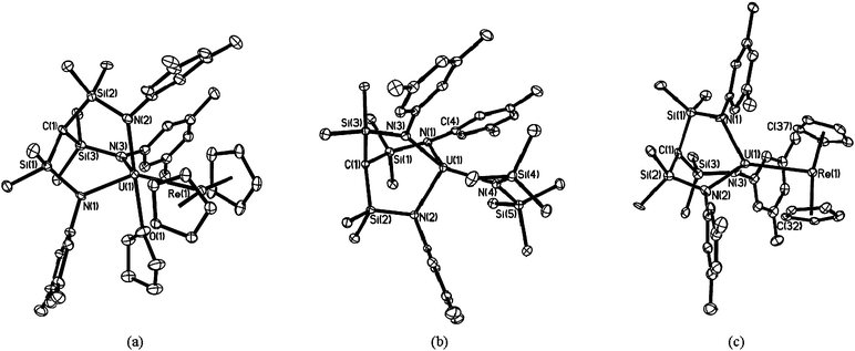 Molecular structures of 4 (a: values for second molecule in asymmetric unit in []), 6 (b), and 8 (c) with displacement ellipsoids at 40% and selective atom labelling. U⋯C contacts and hydrogen atoms are omitted for clarity. Selected bond lengths (Å) and angles (°) for 4: U(1)–Re(1) 3.0021(8) [2.9541(8)], U(1)–N(1) 2.261(12) [2.279(11)], U(1)–N(2) 2.256(12) [2.297(12)], U(1)–N(3) 2.288(13) [2.308(11)], U(1)–O(1) 2.531(9) [2.573(9)], and Ct–Re(1)–Ct 166.3(4) [167.1(15)], for 6: U(1)–N(1) 2.253(2), U(1)–N(2) 2.212(2), U(1)–N(3) 2.242(2), and U(1)–N(4) 2.257(2), for 8: U(1)–Re(1) 2.9307(8), U(1)–N(1) 2.239(12), U(1)–N(2) 2.207(12), U(1)–N(3) 2.232(12), and Ct–Re(1)–Ct 166.9(6).