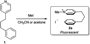 
          Alkylation of pyridine 1 with methyl iodide forms pyridinium 2 which exhibits characteristic cation–π fluorescence.