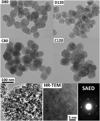 (upper and middle parts) TEM pictures of samples (magnification is shown in the C80 picture). We should remark that TEM pictures are shown at a relatively high magnification to better visualize the internal microstructure (spherical assemblies of small units) and the differences in sizes of D and C samples (50 vs. 65 nm). See size histograms and TEM pictures at lower magnification in Fig. S2 of ESI for reliable size statistics. (Lower part) TEM magnification showing pores. HR-TEM picture showing that the particles are formed by an assembly of anatase nanocrystals (in this case mesocrystallites around 7 nm) which grow all oriented in the same direction ((101) surfaces). In accordance, the SAED picture of an entire spherical assembly corresponds to a single crystal.