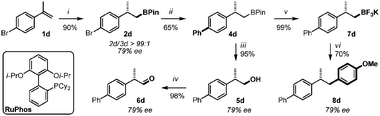 (i) See Table 2 entry 4 (1.0 g scale); (ii) Pd(OAc)2 (10 mol%), dppf (12 mol%), PhB(OH)2 (1.5 equiv.), K3PO4 (3.0 equiv.), THF, 80 °C, 48 h; (iii) NaOH, H2O2, 23 °C, 2 h; (iv) DMP (1.7 equiv.) CH2Cl2, 23 °C, 20 min; (v) KHF2, H2O : MeOH, 23 °C, 30 min; (vi) Pd(OAc)2 (5 mol%), RuPhos (10 mol%), 4-bromoanisole (1.0 equiv.), K2CO3 (3.0 equiv.), toluene : H2O (10 : 1), 80 °C, 24 h.