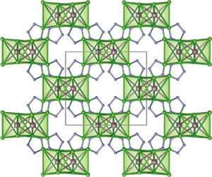 The crystal structure of the dense 3D-MOF 1 along [001] with coordination polyhedra. H atoms omitted for clarity.