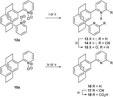 
          Reagents and conditions: (i) Cl3SiH (15 eq.), Et3N (10 eq.), CH2Cl2, reflux (13, 88%); (ii) TMSCN (2 × 3 eq.), diethylcarbamoyl chloride (2 × 3 eq.), CH2Cl2, rt (14, 51%); (iii) mCPBA (1.1 eq.), CH2Cl2, rt (15, 65%); (iv) Cl3SiH (15 eq.), Et3N (10 eq.), CH2Cl2, reflux (16, 80%); (v) TMSCN (2 × 3 eq.), diethylcarbamoyl chloride (2 × 3 eq.), CH2Cl2, rt (17, 60%); (vi) 6 M HCl, reflux (18, 93%).