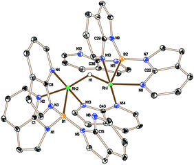 Crystal structure of 6 (solvent and hydrogen atoms, with the exception of H1, have been removed for clarity, ellipsoids drawn at 50% probability level). Selected bond lengths (Å): Rh1–N14 2.027(3), Rh1–N2 2.100(3), Rh1–N4 2.024(3), Rh1–B1 2.171(4), Rh1–Rh2 2.8803(4), Rh2–N13 2.046(3), Rh2–N8 2.095(3), Rh2–N10 2.095(3), Rh2–B1 2.139(5).Complex 6 was also crystallised as a second polymorph.