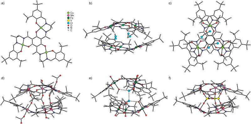 Molecular structures of (a), (b) and (c) [(talent-Bu2)Cu3],139 (d) [{(talent-Bu2)Mn3(MeOH)}2(μ2-OAc)3]3+,141 (e) [{(talent-Bu2){FeIII(MeOH)(H2O)}3}2(ClHCl)]3+,142 (f) [{(talent-Bu2){Mn(MeOH)}3}2(V3O9)]3+.143