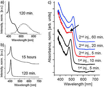 (a) UV-vis absorption (full) and PL emission (dotted) spectra of samples synthesized in the absence of fatty amine ligands. (b) UV-vis absorption spectra for samples synthesized with pre-mixed cadmium precursor/ligand-containing growth solution. (c) UV-vis absorption spectra of CdSe NCQD samples synthesized by double-injection of precursor solutions. Injections and growth times are listed in the spectra. Arrow indicates optical feature of 2nd generation NCQDs.