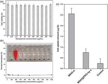 (a) Cell viability of human endothelial cells after exposure to different concentrations of MS42@PEG-hy-c NPs. Data represent mean ± SD from four replicates. (b) Percent hemolysis of RBCs incubated with different concentrations of MS42@PEG-hy-c NPs for 3 hours at 37 °C; inset is the photograph of RBCs after NP exposure. Data represent mean ± SD from four replicates. (c) Uptake amounts of silicon by Raw 264.7 macrophages after 24-hour exposure of 200 μg mL−1 of MS42-d and MS42@PEG-hy-c NPs. Data represent mean ± SD from three independent experiments with four replicates.