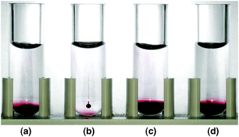 Centrifuge tubes after 5 min at 290 000 g, containing 20 eq. of 5 and (a) CB[8] and EG3-AuNP 4, (b) CB[8] and MV2+-AuNP 3, (c) CB[7] and MV2+-AuNP 3, and (d) MV2+-AuNP 3.