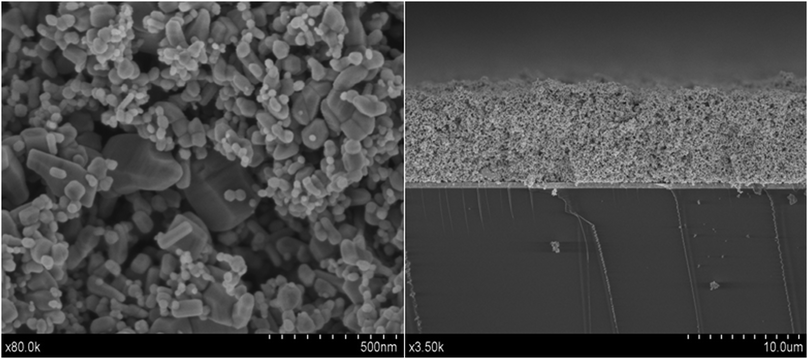 
          SEM images (front view and side view) of the mixture of the ZnO nanopowders utilized in this work. Scales are indicated on the micrographs.