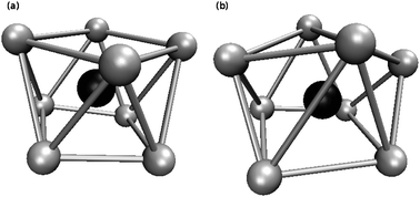 Snapshots of two different coordination geometries. The grey spheres are oxygen atoms and the black sphere is the zirconium(iv) ion.