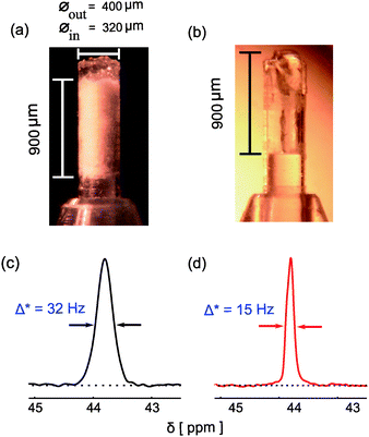 The micro sample holder filled with (a) 2-13C–15N Glycine powder (b) 2-13C–15N Glycine single crystal and dimension of the sample in the sample holder are specified. Proton decoupled 13C CPMAS spectrum of (c) glycine powder (d) glycine single crystal using SPINAL decoupling sequence at a rf field strength of 394 kHz and a spinning speed of 10 kHz. All the experiments were done using a homebuilt 2.5 mm piggy-back microMAS probe3 using a VNMRS console at 9.4 T field.