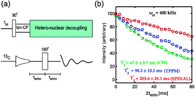 (a) The spin-echo sequence used for measuring coherence lifetimes. (b) Experimentally measured decay curves for 13CH2 of glycine (‘circles’) and fitted with exponentially decay function (‘dashed lines’) for various sequences at a decoupling field strength of 400 kHz and a spinning speed of 10 kHz.