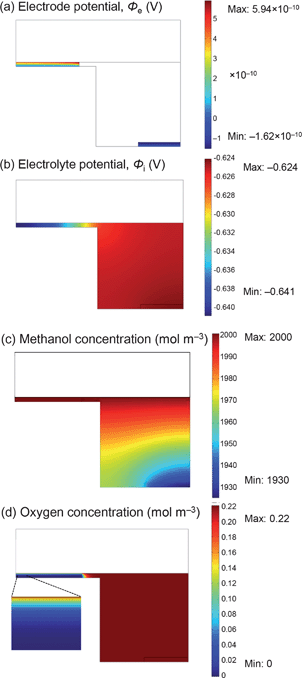 Each parameter obtained by the simulation of an on-chip fuel cell having the same catalyst activities as those obtained by voltammetry. (a) Electrode potential profile associated with Ohmic loss caused by electronic resistance. (b) Electrolyte potential profile associated with Ohmic loss caused by ionic resistance. (c) Methanol concentration profile. (d) Oxygen concentration profile.