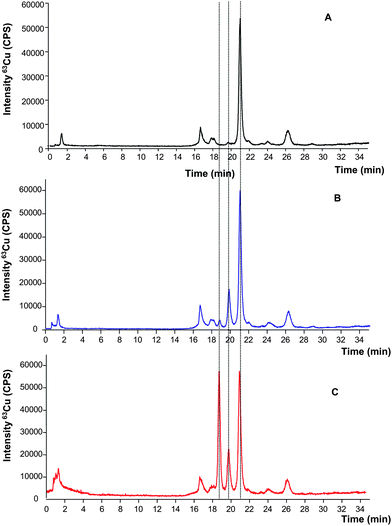 Copper signal of the SOD1 extracted from human red blood cells by HPLC-ICP-MS before spiking (A) spiked after lysis with 100 μL of 0.05 mg mL−1 bovine SOD (B) and spiked twice: after lysis and at the time of injection with bovine SOD1 at the same concentration (C).