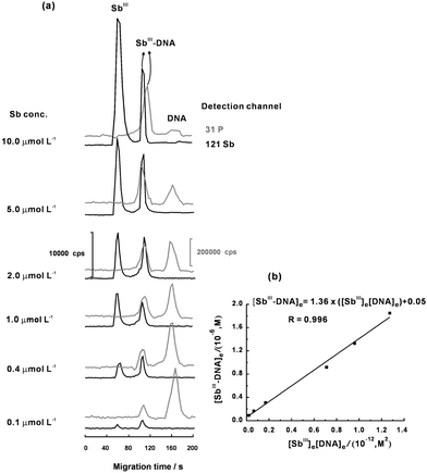 (a) A series of electropherograms for evaluating the Kb value by incubating 2.0 μmol L−1 of DNA with SbIII at different concentration levels. (b) Plot for calculating the Kb value. Other conditions as shown in Table 1.