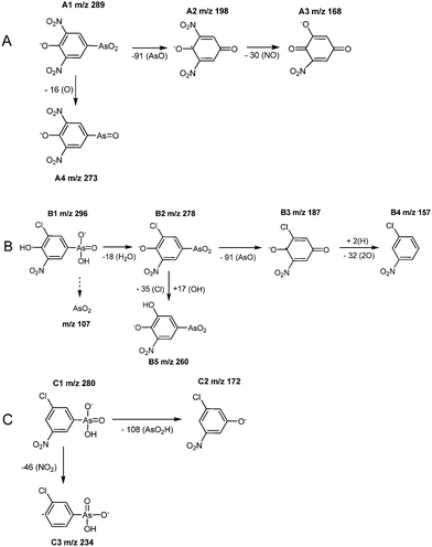 Schemes proposed for fragmentation pathways to identify the peaks A, B and C in Fig. 2.