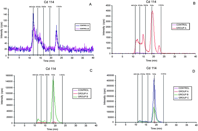 SEC-ICP-MS chromatograms (Cd114) for liver cytosolic extracts of Mus Musculus after daily subcutaneous administration of Cd aqueous solution. Number of days of in vivo administration: A, control group; B, 2 days; C, 6 days; D, 10 days. Chromatographic conditions: column, SuperdexTM-75 (10 × 300 × 13 μm); mobile phase, ammonium acetate 20 mmol L−1 (pH 7.4); flow rate, 0.7 ml min−1; injection volume, 20 μl.