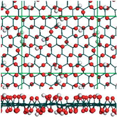 Top and side views of randomly distributed, fully oxidized GO conformation functionalized by carbonyl and hydroxyl using DFTB method.