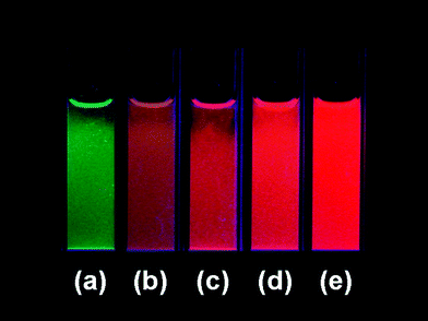 Luminescence photographs of Tb2(WO4)3:x mol % Eu3+ nanowires dispersed in the ethanol solutions, (a) x = 0, (b) x = 0.3, (c) x = 0.7, (d) x = 3, (e) x = 5.