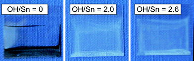 Films prepared from solutions with a different OH/Sn molar ratio (indicated in the labels) and aged for one day at room temperature. The films were calcined at 400 °C.