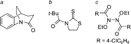 Examples of compounds in which amide bonds are distorted by: a) geometric restriction, b) steric repulsion, c) electronic delocalization.