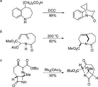 Early examples of synthesis of bridged lactams.