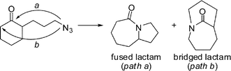 Potential regiochemical outcomes in the intramolecular Schmidt reaction of α-substituted ketones.