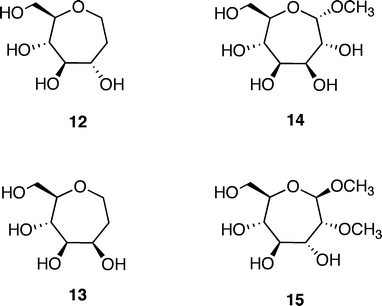 Additional ligands of ConA used in the investigation: Oxepanes 12 and 13 derived from d-glucose and d-mannose, respectively; methyl “manno” α-septanoside 14 and methyl 2-O-methyl “gluco” β-septanoside 15.