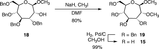 Preparation of methyl 2-O-methyl-β-septanoside 15.