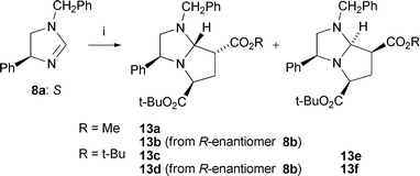 
          Cycloaddition of azomethine ylides formed from dihydroimidazoles 8 using t-butyl bromoacetate as alkylating agent Reagents: i, BrCH2CO2t-Bu, CH2CHCO2R, THF reflux, then DBU.