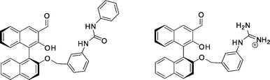 
              BINOL–aldehyde hosts with a urea (left) and a guanidinium (right) functionality.