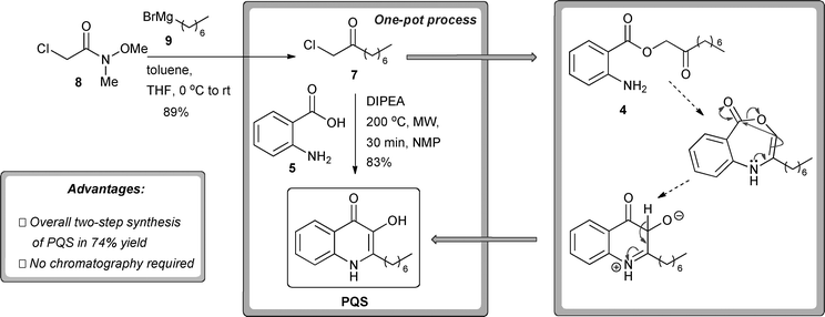 One-pot synthesis of PQS from readily synthesised α-chloro-ketone 7 and commercially available anthranilic acid (5). A tentative mechanistic proposal is shown. DIPEA = di-isopropyl-ethylamine. MW = microwave irradiation. NMP = N-methylpyrrolidone.