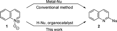 Reaction of quinoline N-oxide with nucleophiles in the presence of organic superbase catalyst.