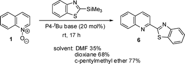 Reaction of quinoline N-oxide with 2-TMS-benzothiazole.