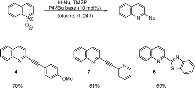 Reaction of quinoline N-oxide with H-nucleophiles using TMSP.