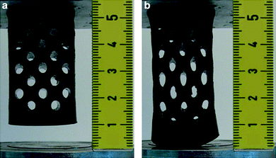 Magnetic force driven elongation of a Co-particle-linked poly(2-hydroxy-ethyl-methacrylate-co-etylene glycol dimethacrylate) based ferrohydrogel sticking to a permanent magnet (top) before (a) and after (b) switching on an additional electromagnetic field through a solenoid (bottom). Reproduced with permission from ref. 146. Copyright (2009) Wiley-VCH.