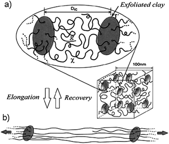 a) Network structure model for a hybrid hydrogel consisting of uniformly dispersed hectrite clay nanosheets and poly(N-isopropylacrylamide) chains. b) Elongation model for NC gel. Reproduced with permission from ref. 99. Copyright (2002) Wiley-VCH.