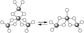 Equilibrium between the tetramer and trimer of Al(OiPr)3. Only aluminium atoms (grey) and oxygen atoms (white) are shown for clarity.