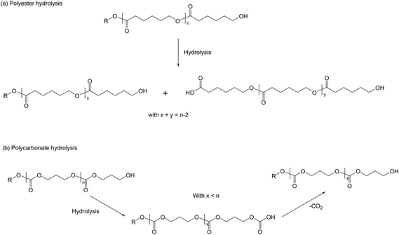 Hydrolytic degradation of (a) polyesters and (b) polycarbonates.