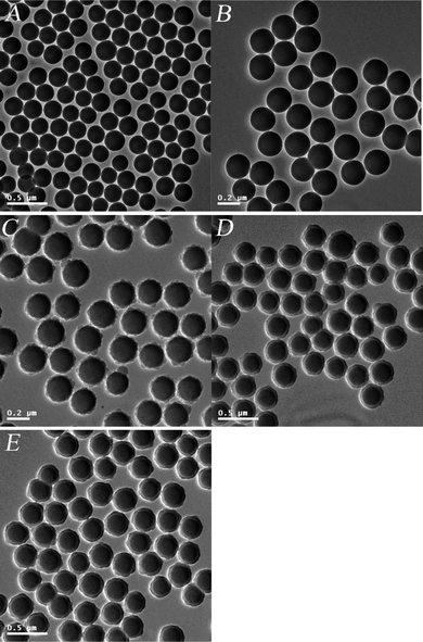TEM micrographs: (A) SiO2 nanospheres; (B) MPS-modified SiO2 nanospheres; (C) SiO2/PDVB core-shell microspheres after the first semibatch polymerization; (D) SiO2/PDVB core-shell microspheres after the second semibatch polymerization; (E) SiO2/P(DVB-SO3H) core-shell PE microspheres.