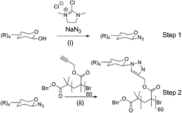 Synthetic strategies employed: (i) sugar/DMC/NEt3 [1 : 3 : 10]/H2O/0 °C, (ii) azide/Cu(i)Br/ligand [1 : 0.03 : 0.03] (see text and ESI)/DMSO/25 °C.