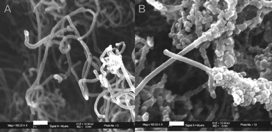 SEM images of as received MWNTs (A) and the prepared HPEK-MWNTs (B). Scale bars are 100 nm.87