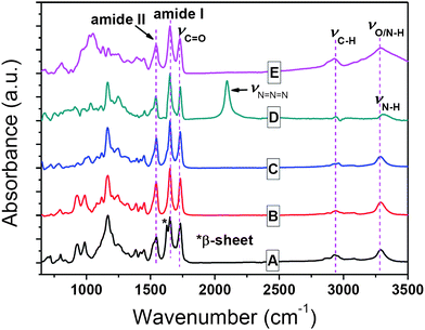 FTIR spectra of (A) PALG18, (B) PALG41, (C) PALG18-b-PCPLG36, (D) PALG18-b-PAPLG36, and (E) PALG18-b-(PPLG36-g-mannose) in the solid state.