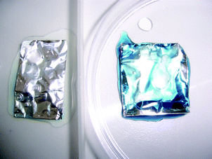 The colour change of substrate solution ABTS/PBS/H2O2, left is the control with no enzyme immobilized and right is the poly(Sty-alt-MAh) with covalently bonded HRP.