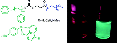 Amphiphilic organoboron quinolate block copolymers and images of their luminescence in aqueous solution. (Reproduced with permission from ref. 72. Copyright 2010 The Royal Society of Chemistry.)