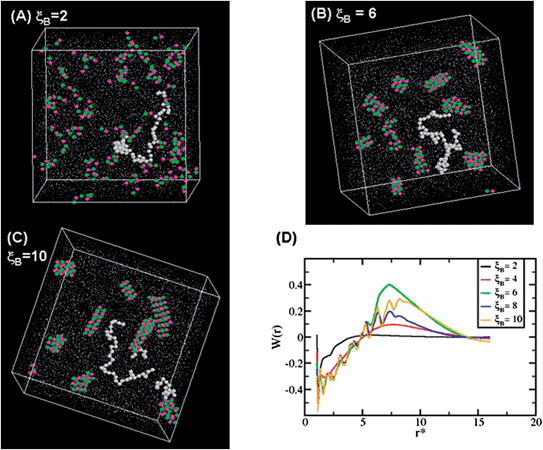 Molecular dynamics simulation snapshots and potential of mean force. (a), (b) and (c) are the central simulation cell snapshots for ξB = 2, 6 and 10 respectively. The white dots are chain monomers, green dots are chain end group (charge sites on the chain) and the pink dots are counterions. Only a single chain of monomers are shown for clarity. The rest of the chain is shown in tiny white dots. ξB is inversely proportional to the dielectric constant. Figure (d) shows the potential of mean force (PMF) for all the ξB. The PMF shows a potential barrier for higher ξB, i.e. lowering D causes the counterions to agglomerate.